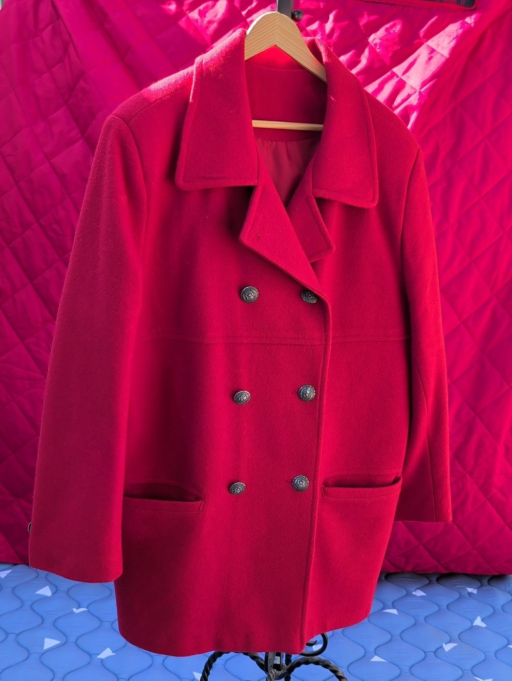 Women's Double-Breasted Pea Coat in Bright Red